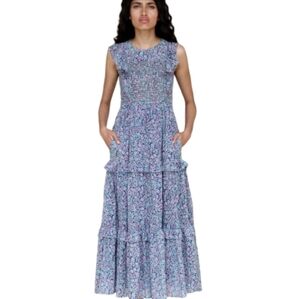 Banjanan Iris Miranda Floral Blueprint Midi Dress Smocked Size Medium